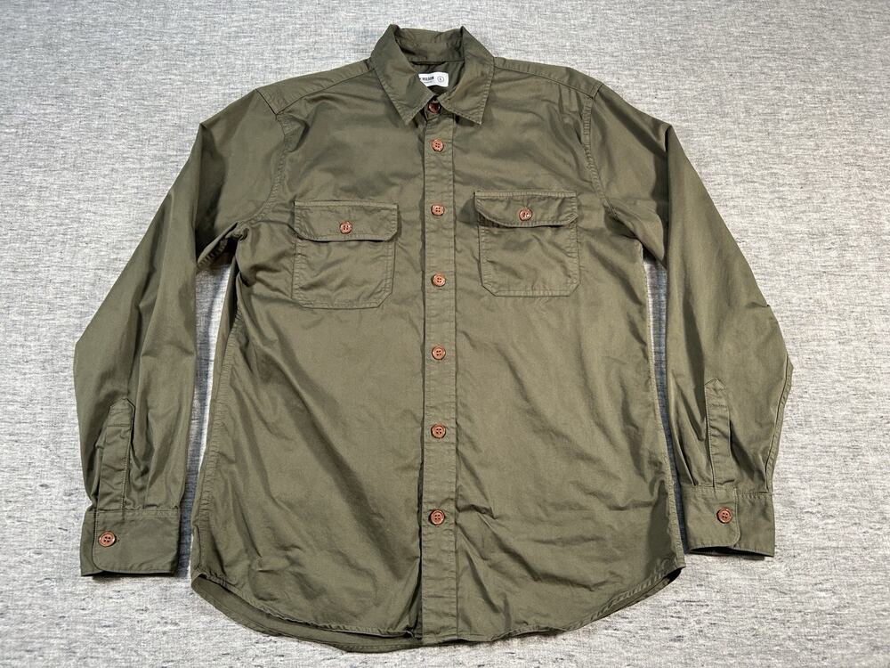 Buck Mason Shirt Mens Large Green Long Sleeve Button-Front Asymmetrical Pockets